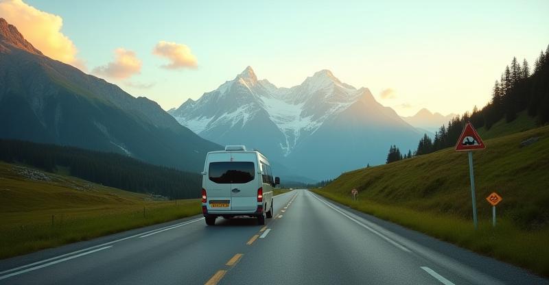 Swiss highway with camper van driving toward the Alps